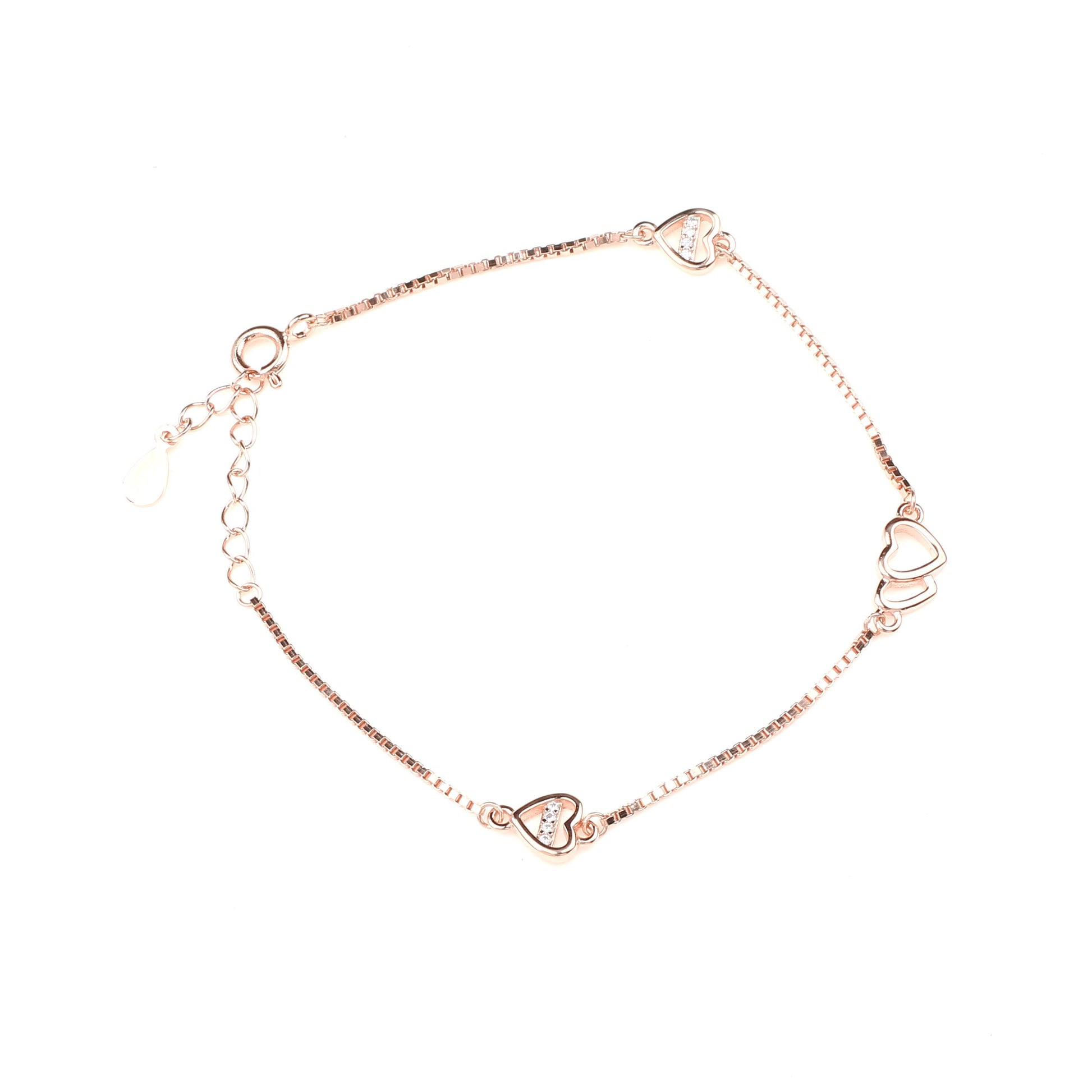 925 sterling silver sparkly connected hearts and white zirconia stone studded bracelet for women