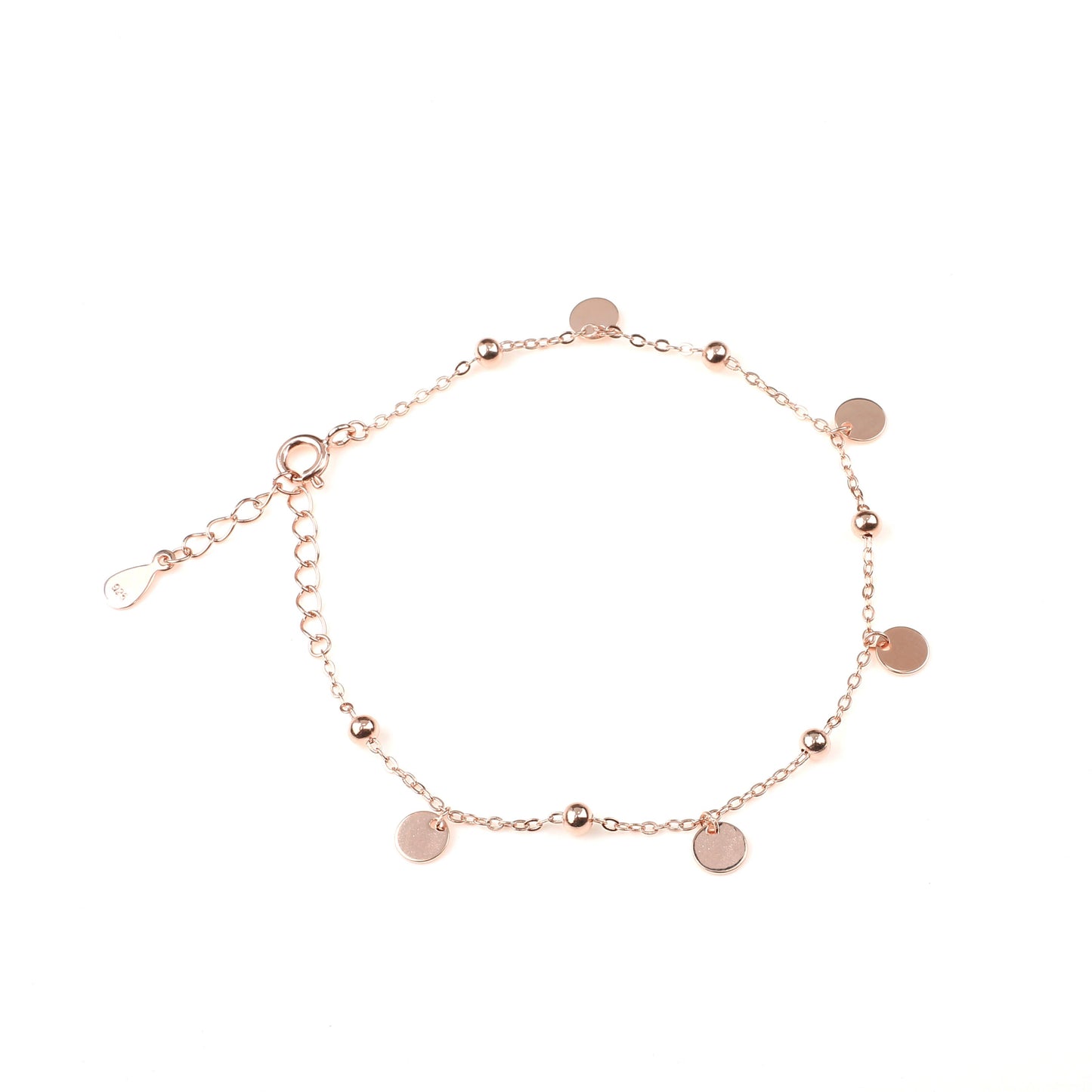 Gleaming Circle Charms and solid balls Rose Gold Plated 925 Sterling Silver Chain Bracelet