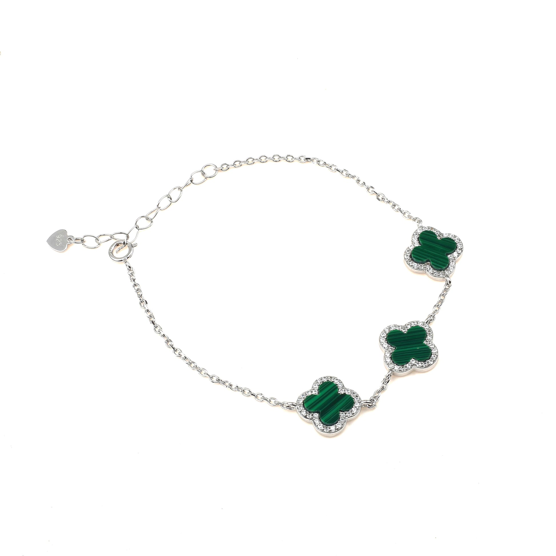 Green malachite flowers white studded cubic zirconia AAA+ 925 sterling silver link bracelet for women