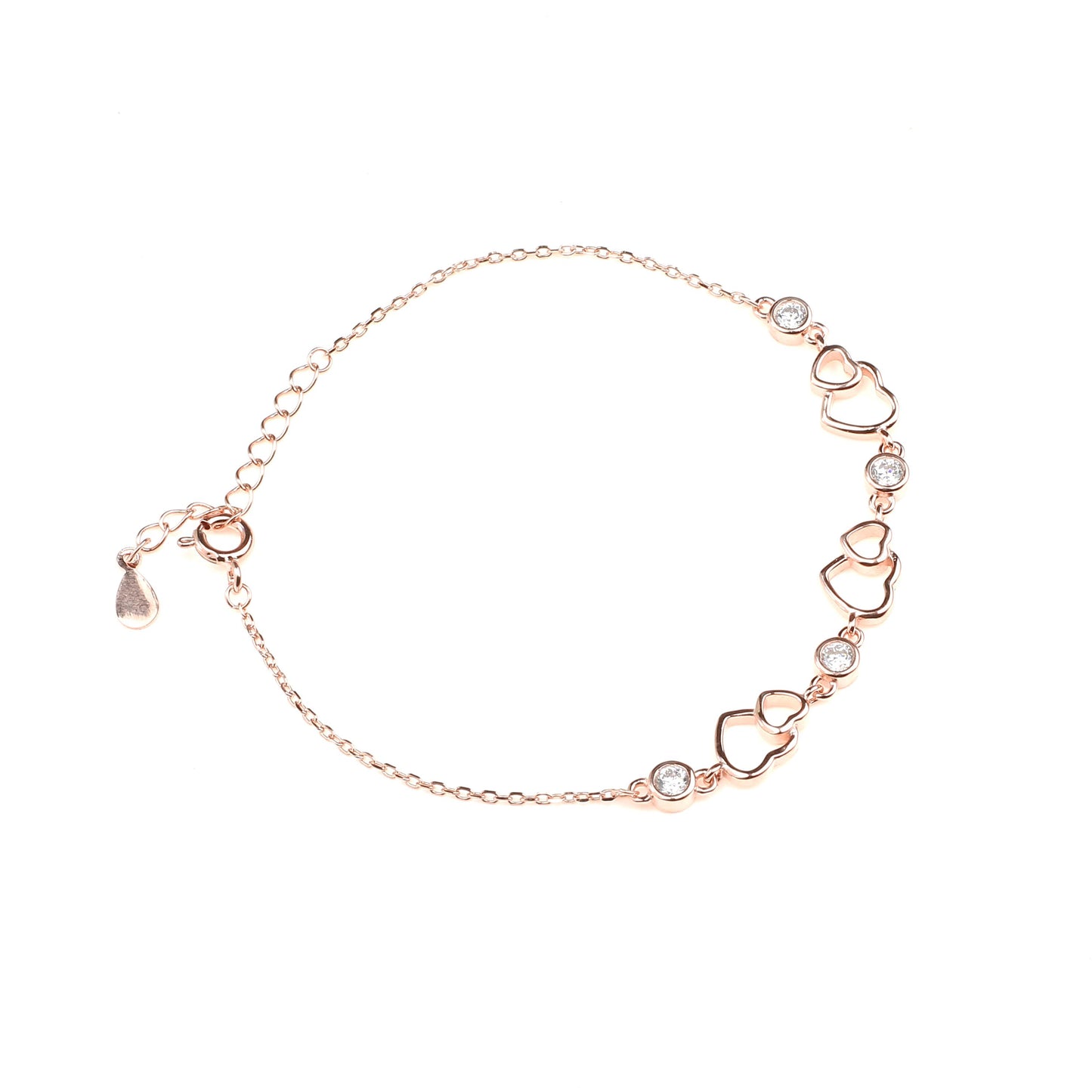 Heart link charms and white stone studded 925 sterling silver rose gold link bracelet for girls 