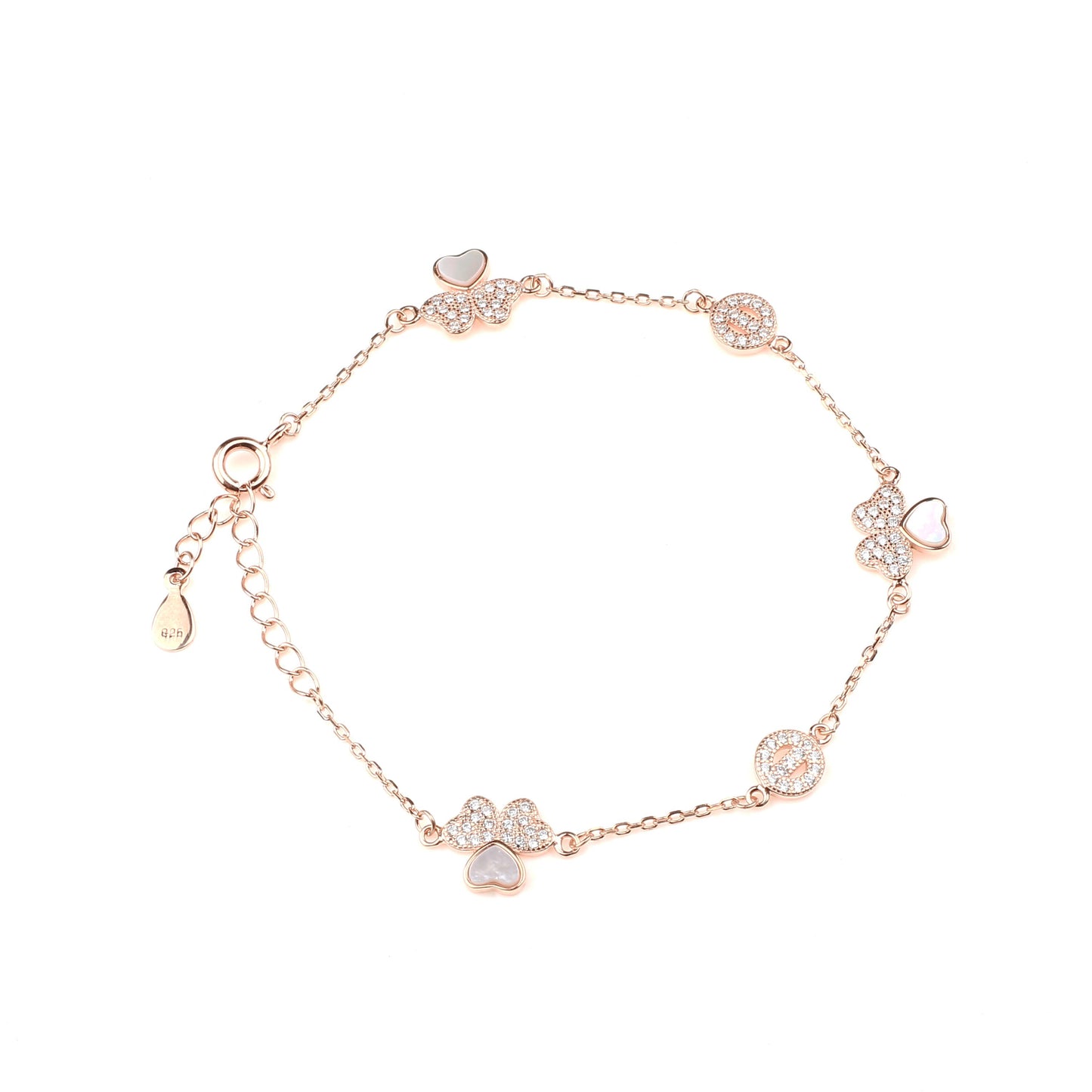 Hearts and salt symbol white stone studded zirconia rose gold colour 925 sterling silver line bracelet