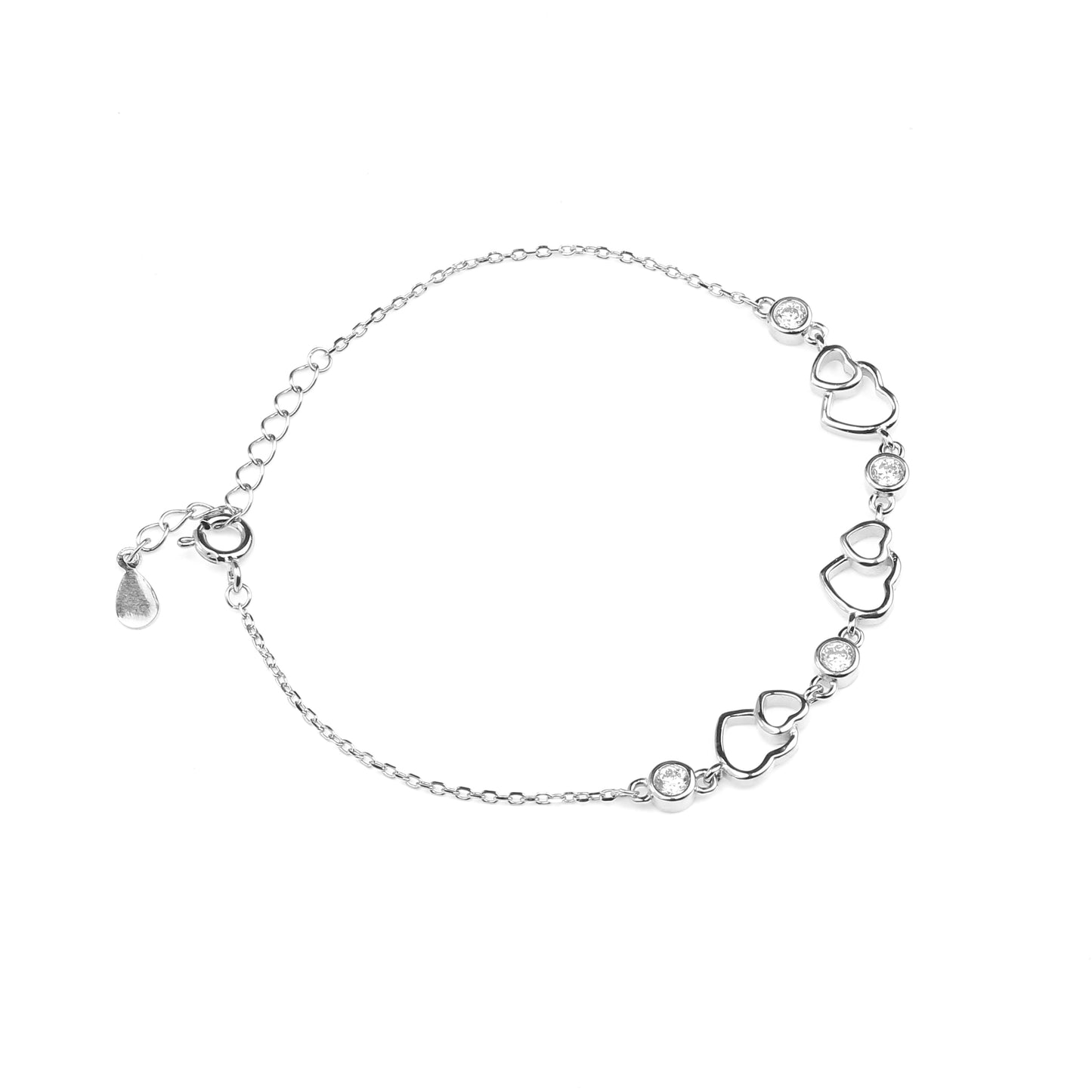 Heart link charms and white stone studded 925 sterling silver rose gold link bracelet with spring ring clasp