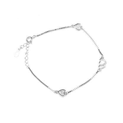 925 sterling silver sparkly connected hearts and white zirconia stone studded bracelet for women
