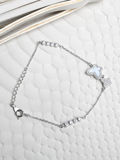 Ethereal Flutter: Mother of Pearl and Cubic Zirconia Butterfly Bracelet in 925 Sterling Silver