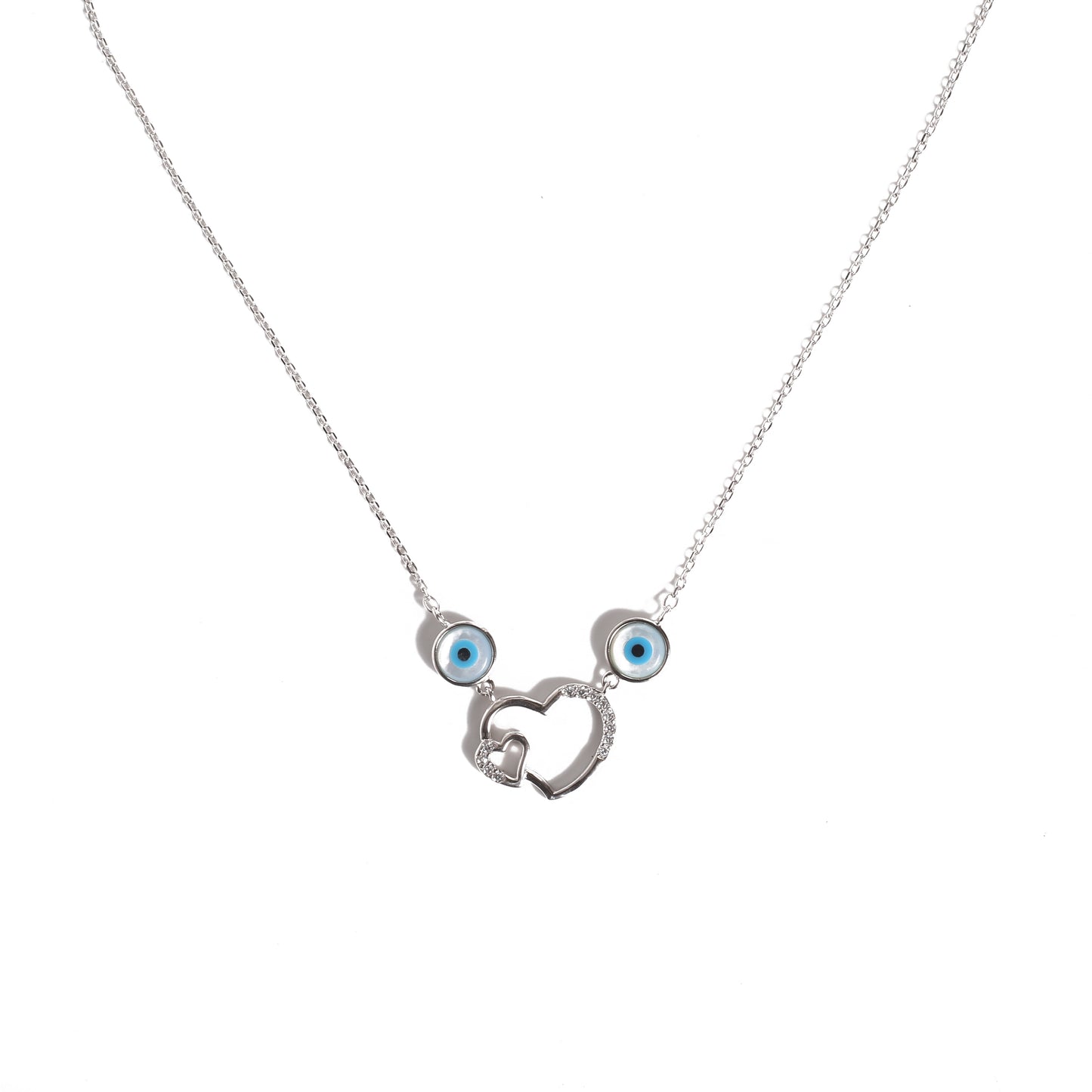 Double Hearts and Evil Eye 925 sterling Silver Link Chain Pendant