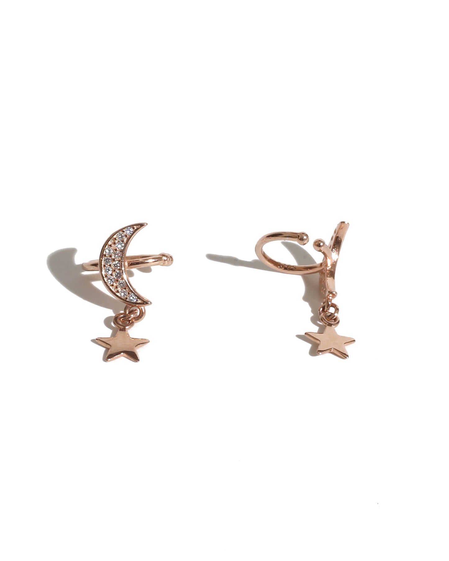 Moon and Star Shaped 925 Sterling Silver Non-Pierced Ear Cuff Earrings in captivating rose gold