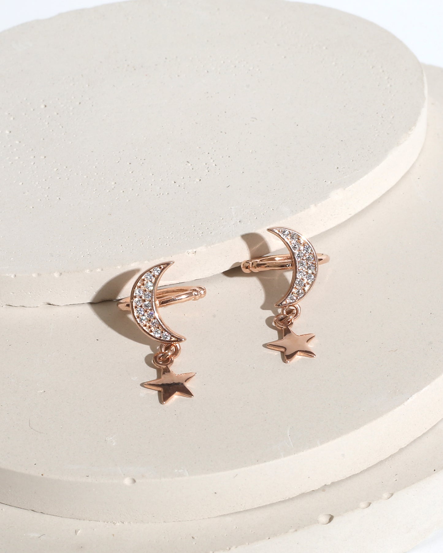 Moon and Star Shaped 925 Sterling Silver Non-Pierced Ear Cuff Earrings in captivating rose gold
