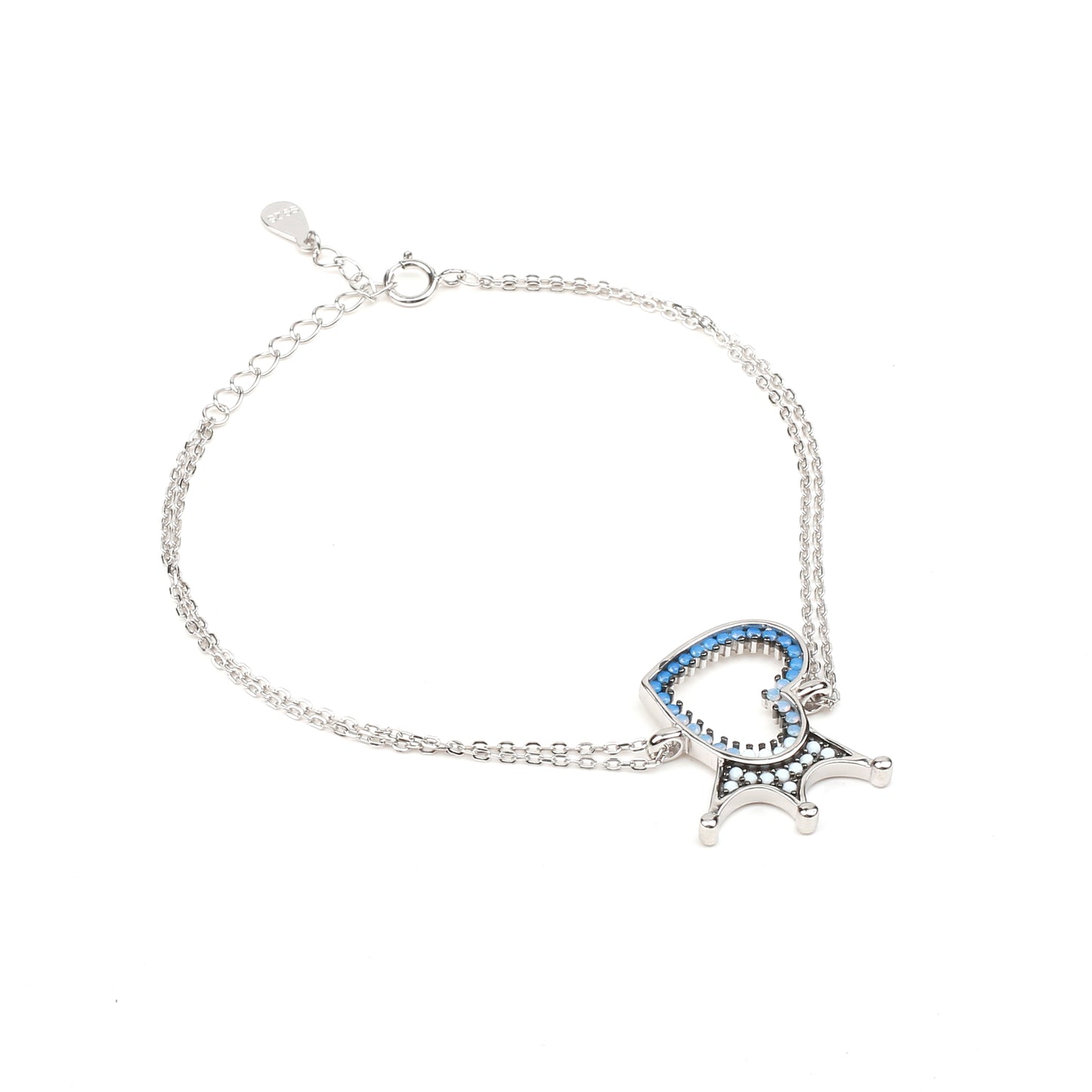 Crowned Love: 925 Sterling Silver Heart Crown Turquoise Bracelet