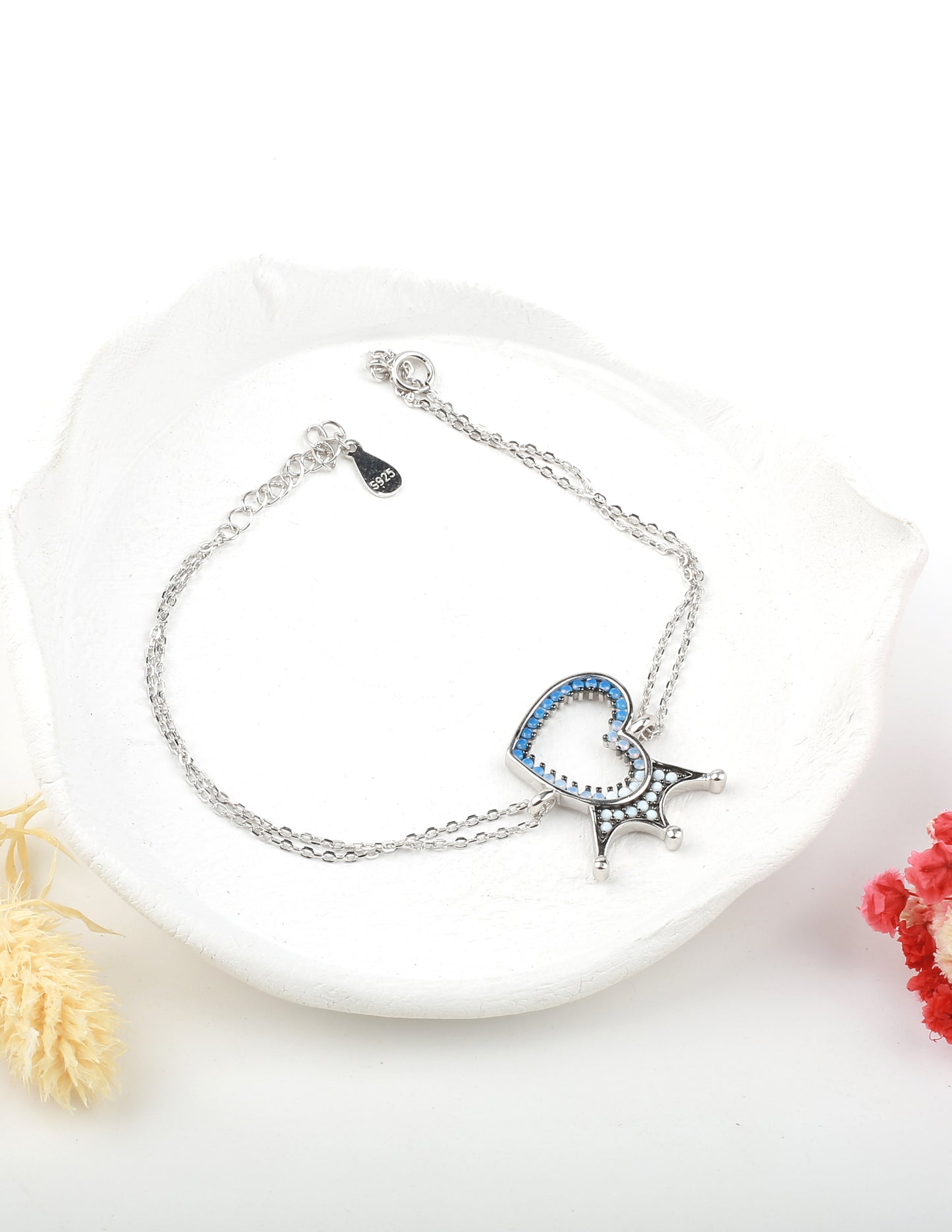 Crowned Love: 925 Sterling Silver Heart Crown Turquoise Bracelet