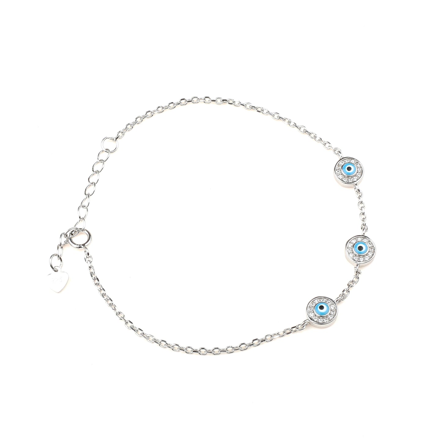 Turquoise Silver Color Evil Eye White Stone Studded Cubic Zirconia AAA+ Circles 925 Sterling Silver Link Bracelet for Women