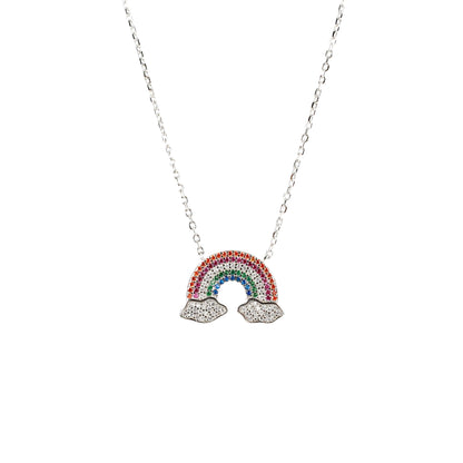 925 Sterling Silver Cute Rainbow above 2 clouds Pendant with chain with multicoloured zircon stones