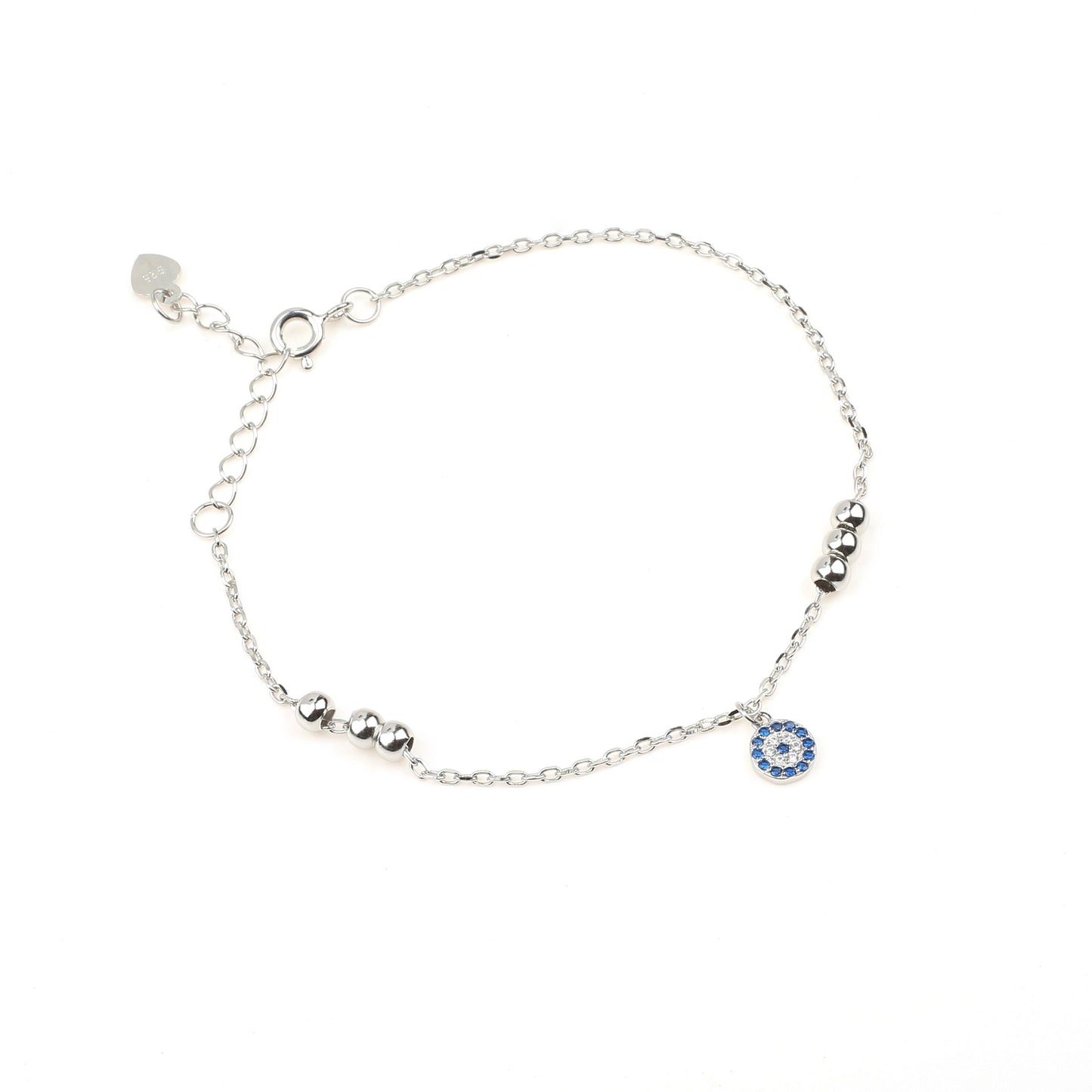 Round Evil Eye Charm 925 Sterling Silver Bracelet adorned with zirconia white and blue stones and and solid silver beads