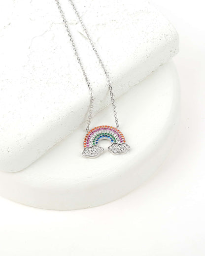 925 Sterling Silver Cute Rainbow above 2 clouds Pendant with chain with multicoloured zircon stones