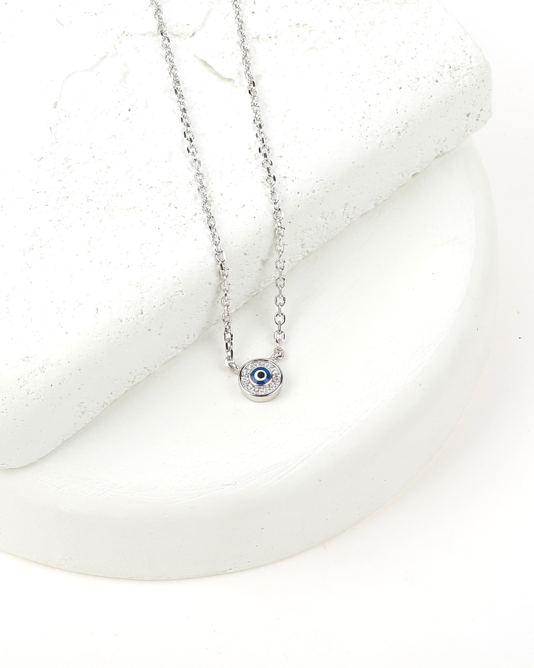 round Evil Eye Zirconia 925 Sterling Silver Pendent and Chain with Zirconia stones