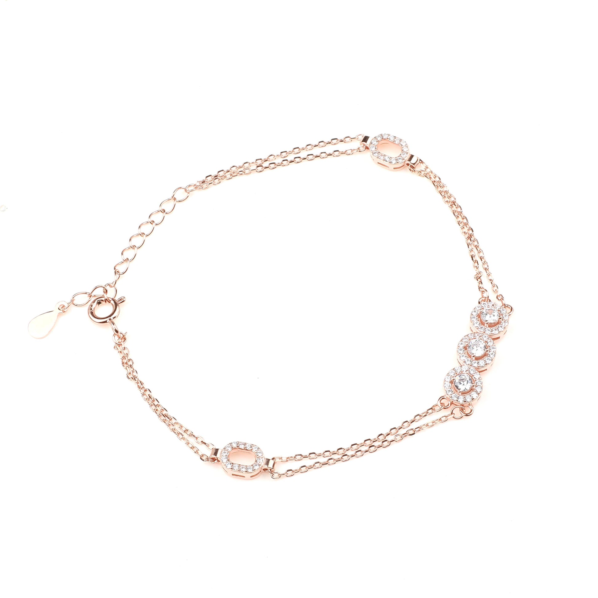 white zirconia studded 925 sterling silver halo link rose gold bracelet for women