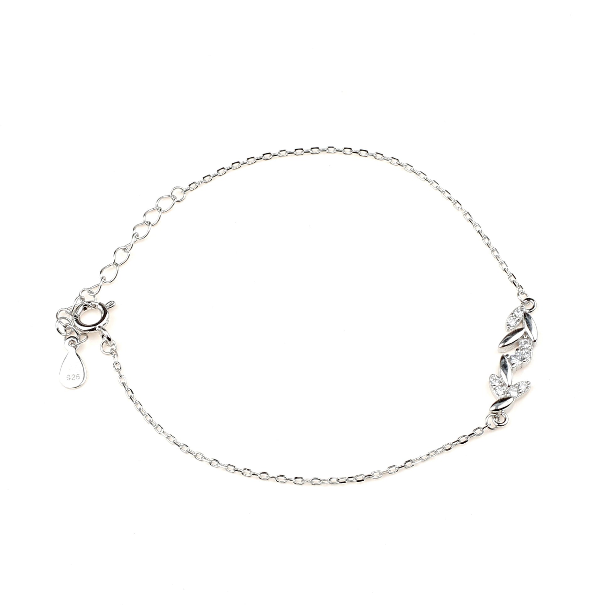 white zirconia studded leaf link bracelet for women 