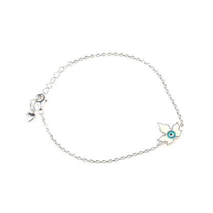 white and blue evil eye leaf 925 sterling silver link bracelet with spring clasp for girls