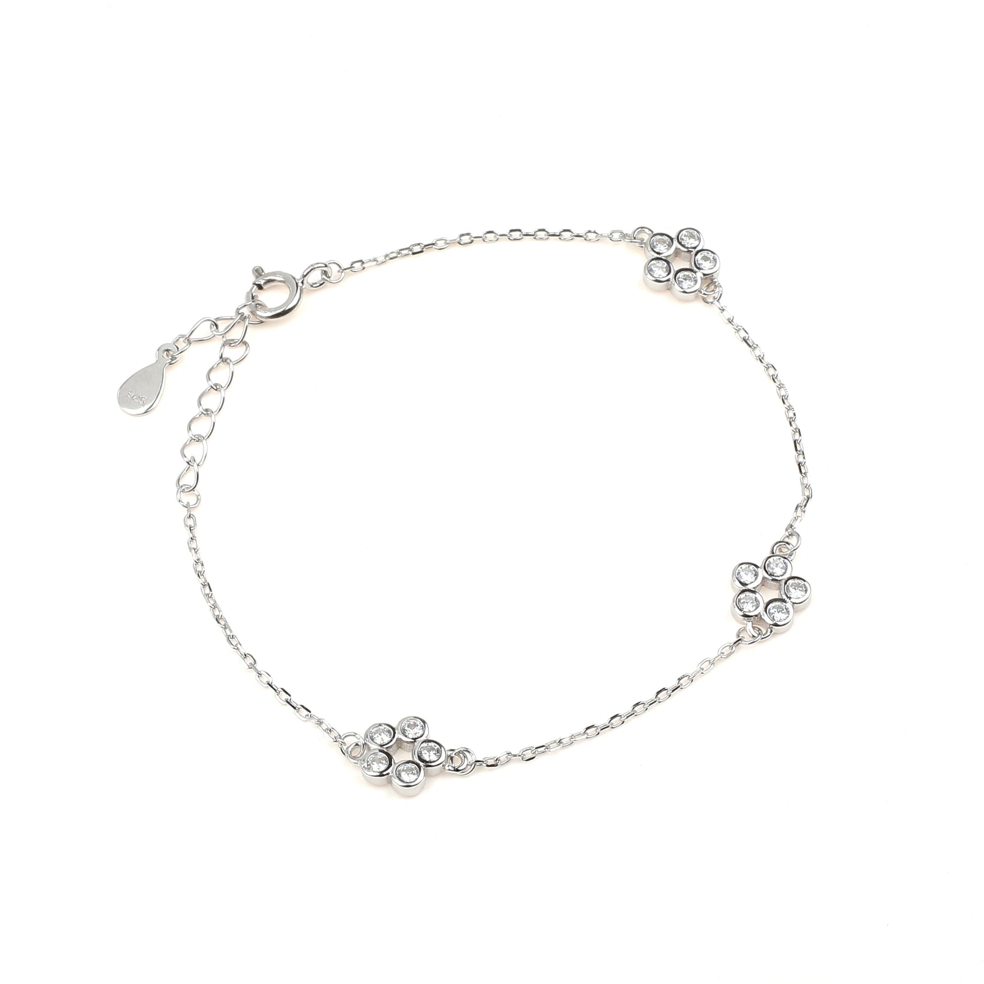 white stone studded flowers with inside hollow star 925 sterling silver bracelet with link chain and spring ring clasp 